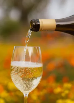 Wine being poured into a glass against a blur of orange and yellow wildflowers