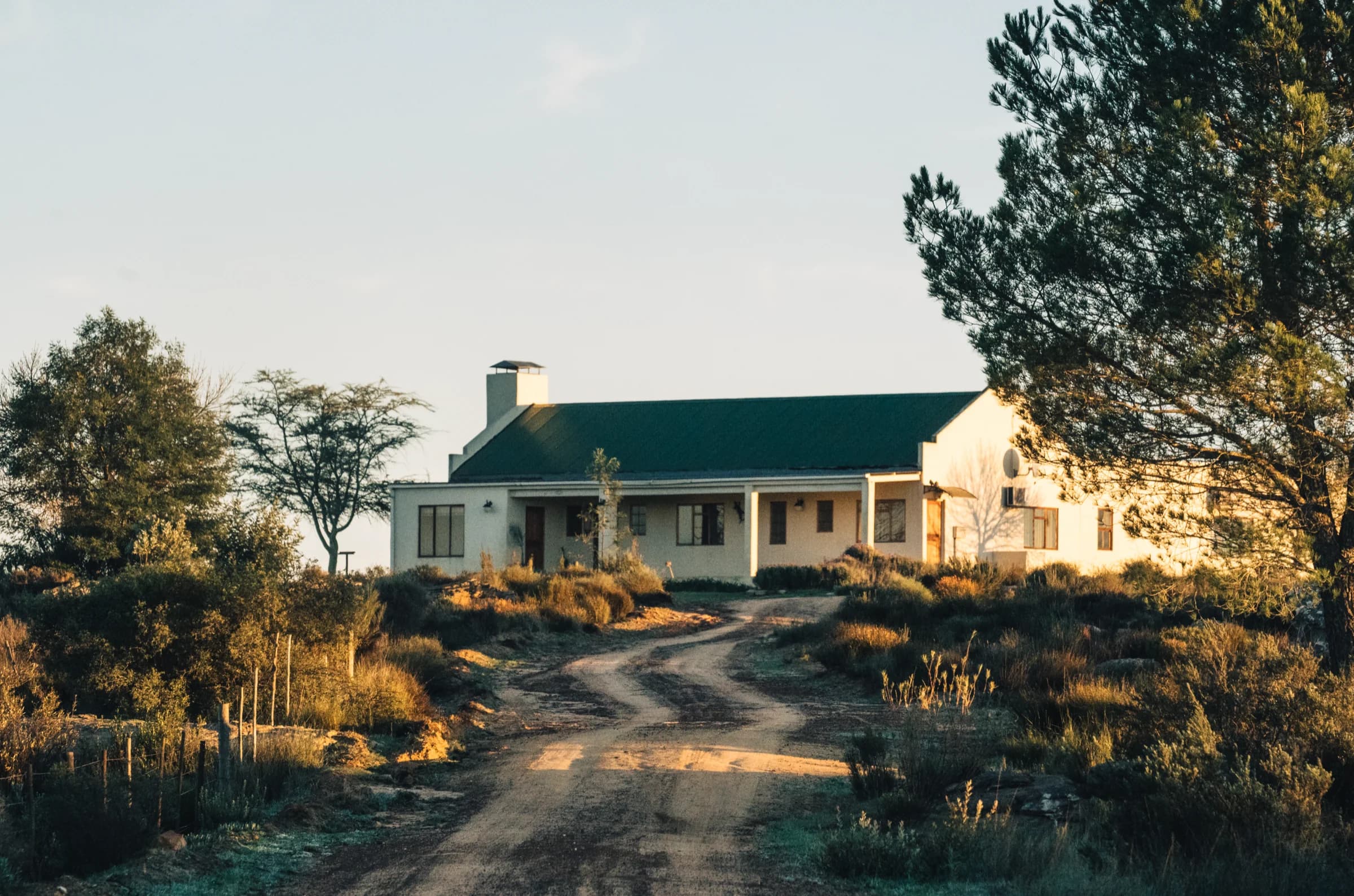 Garsland Cottage in the early morning: a white, green-roofed house at the end of a farm track