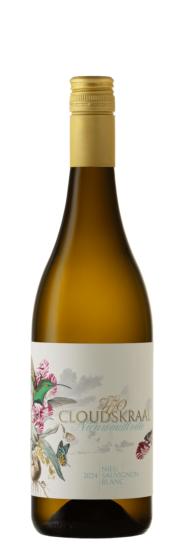 Cloudskraal Nieu Sauvignon Blanc 2024 bottle, front label with the sunbird and bulb illustration